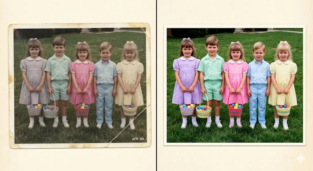 The egg hunt photo from 1988. A faded 1988 Easter egg hunt photo is restored and colorized, revealing blinding pastel outfits, and now hangs framed in the kitchen.