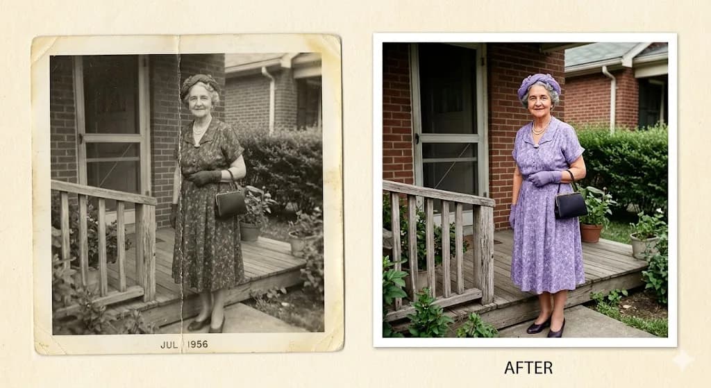 Grandma's Easter Sunday dress. A family discovers the color of Grandma's iconic Easter dress after 60 years when a black-and-white photo is colorized and printed on canvas.