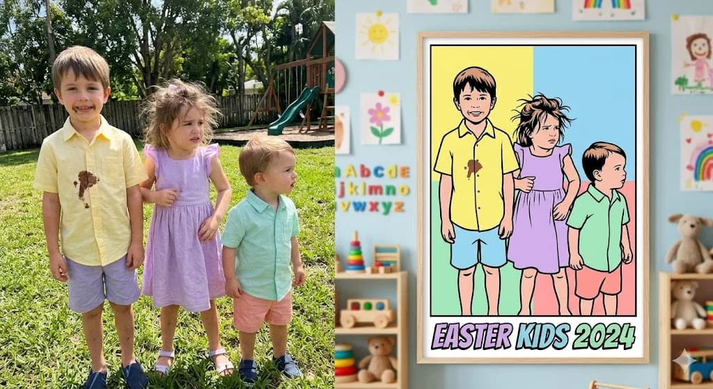 The matching Easter outfits. The yearly Easter outfit photo that always goes wrong becomes a pop art poster the kids love.