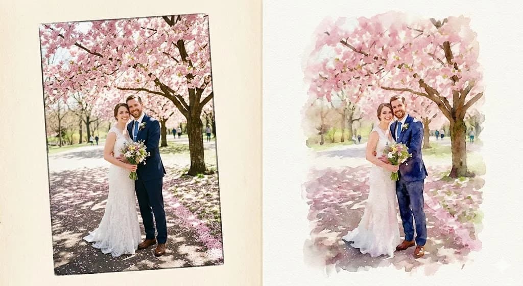 Spring wedding as watercolor. A spring wedding photo under cherry blossoms transformed into a watercolor painting and hung as a canvas above the couple's bed, making a perfect Easter-season anniversary gift.