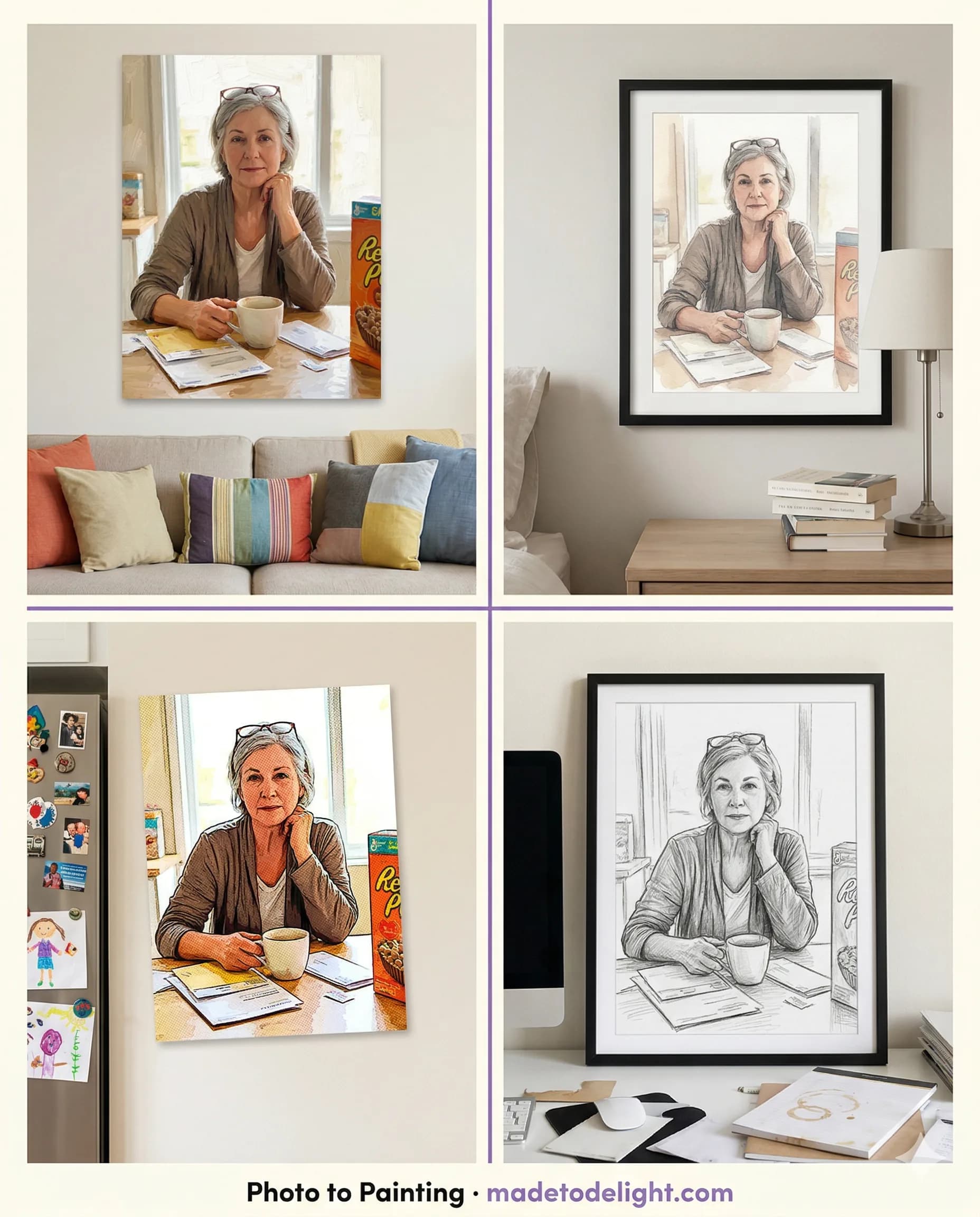 Four Mother's Day gifts, one upload. One photo of Mom becomes four different art styles, each perfect for a different room in her house.