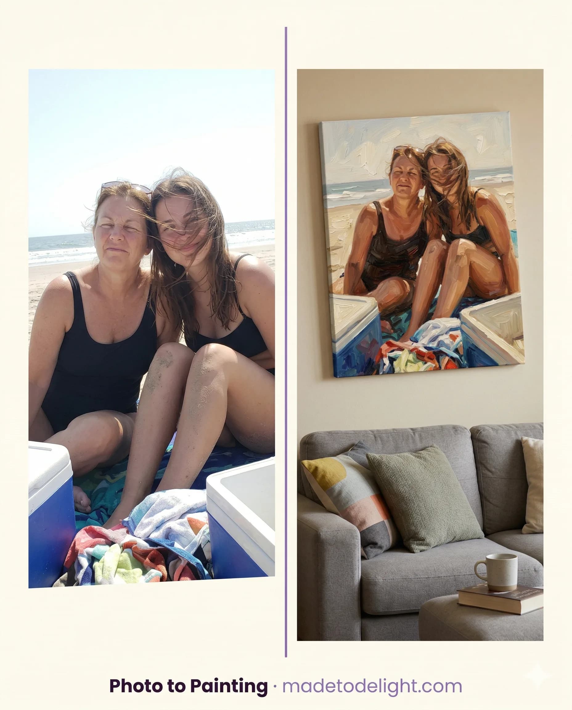 The brunch reaction. A daughter surprises her mom at brunch with a canvas oil painting of their beach photo, and the emotional reaction stops the whole table.