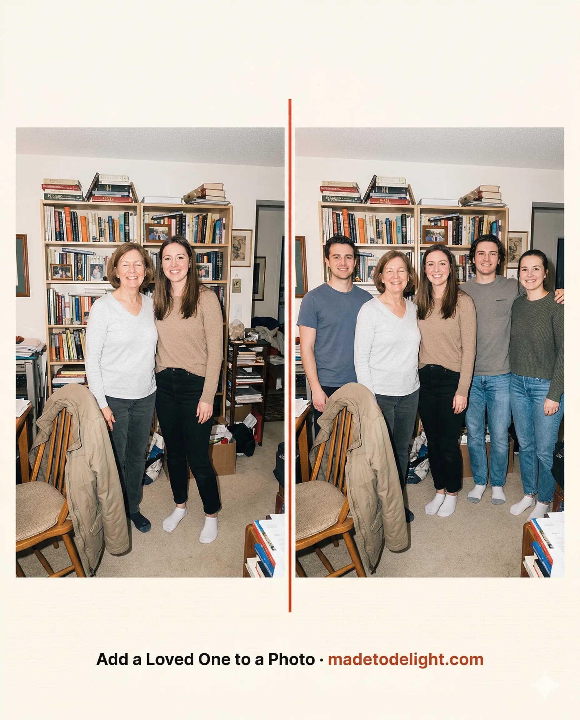 The complete family photo she always wanted. A mother whose three kids live in different cities finally has a photo of all of them together, framed on her mantle.