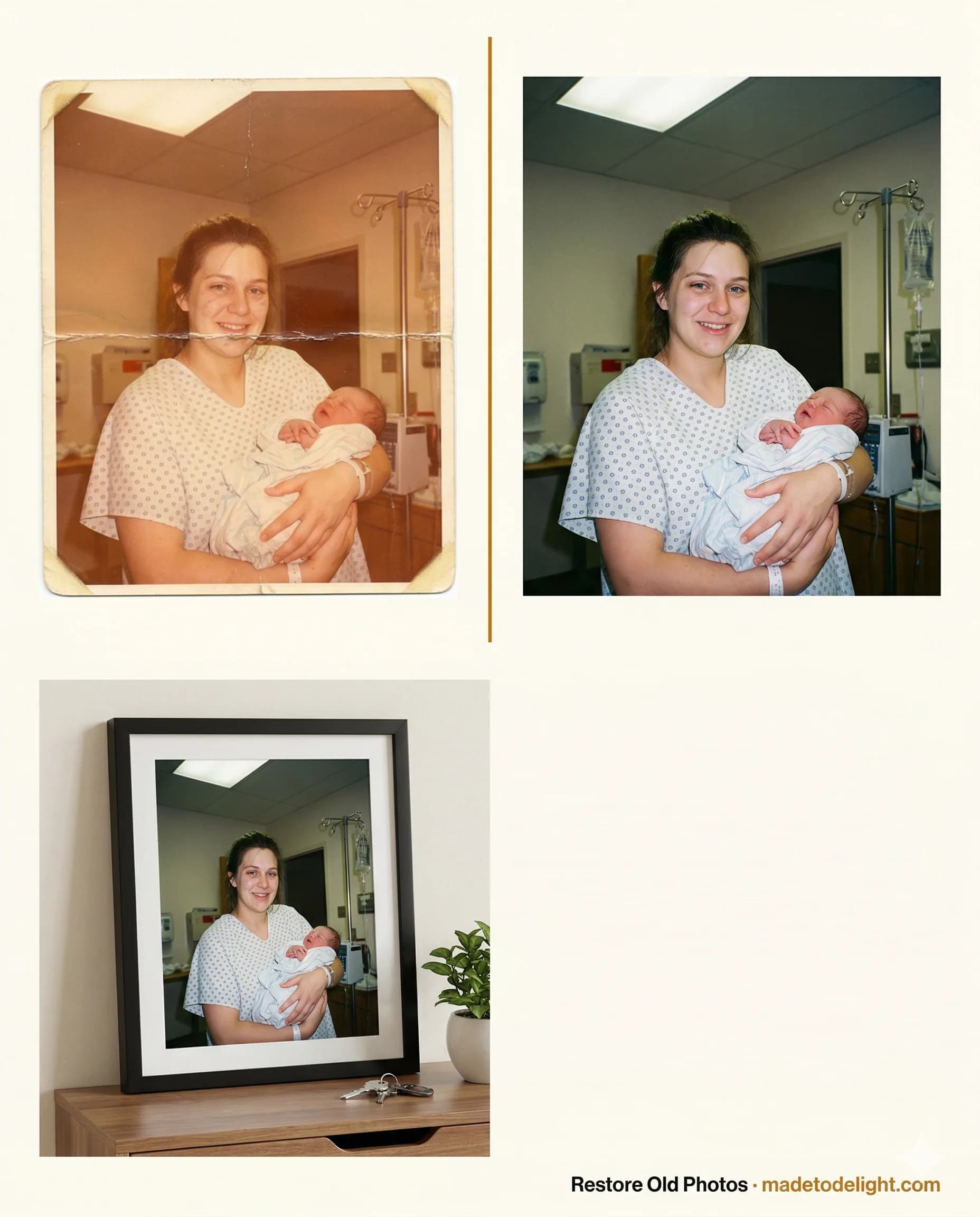The first photo of her as a mom. A woman discovers the very first photo of her as a new mom from 1991, forgotten in a drawer for 35 years, and has it restored and framed.