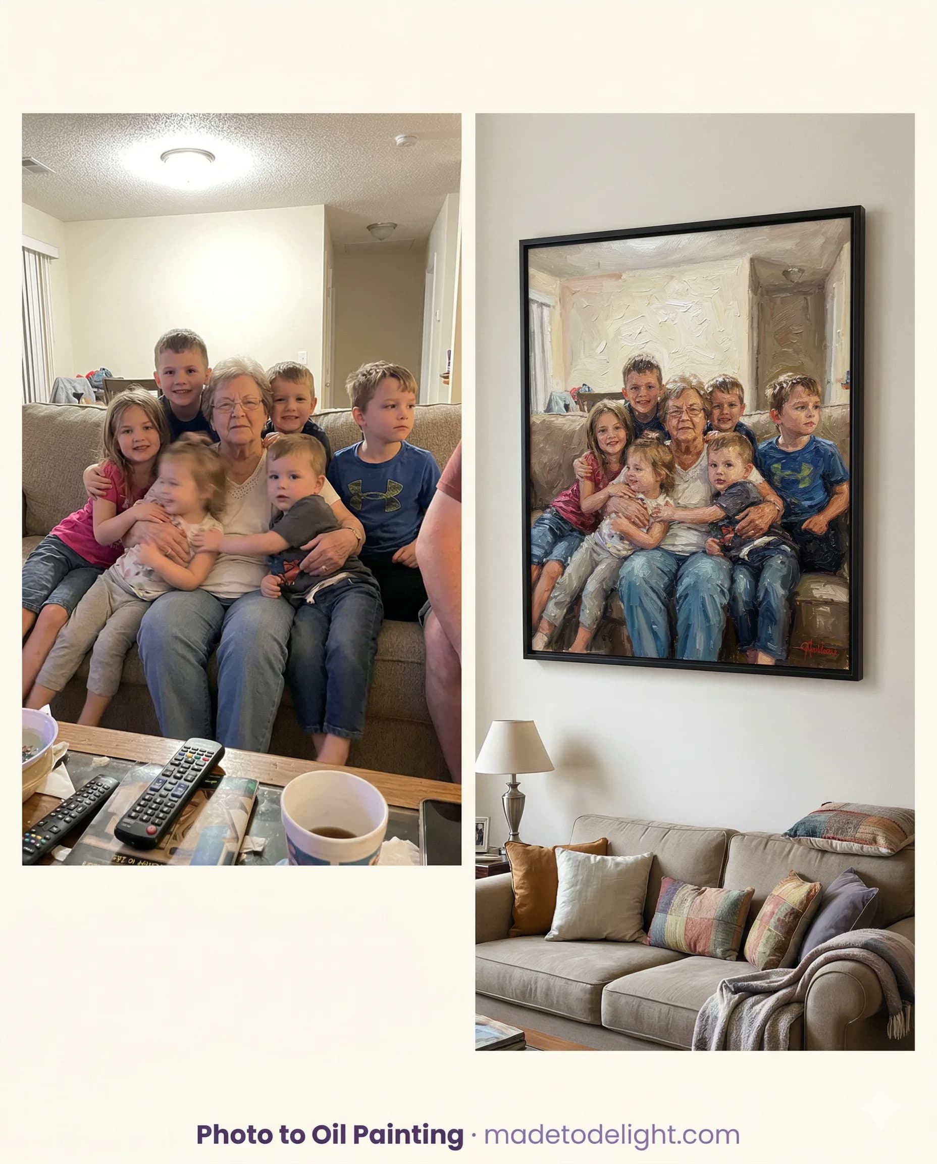 Grandma with the grandkids as a painting. A chaotic but complete grandkids photo becomes an oil painting canvas that Grandma proudly displays as her masterpiece.