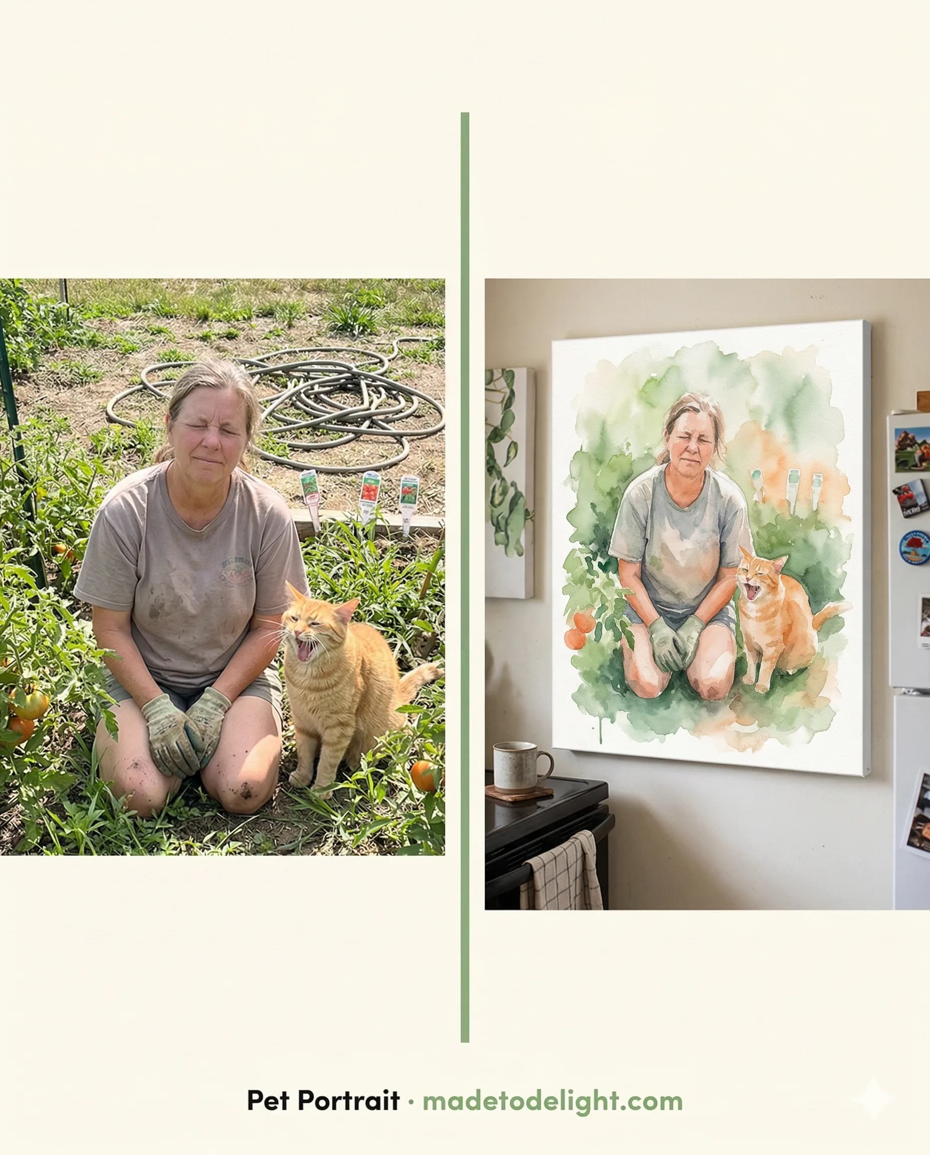 Mom's garden buddy. A mom's daily garden ritual with her cat, captured in one photo and turned into a watercolor canvas that became her favorite gift ever.
