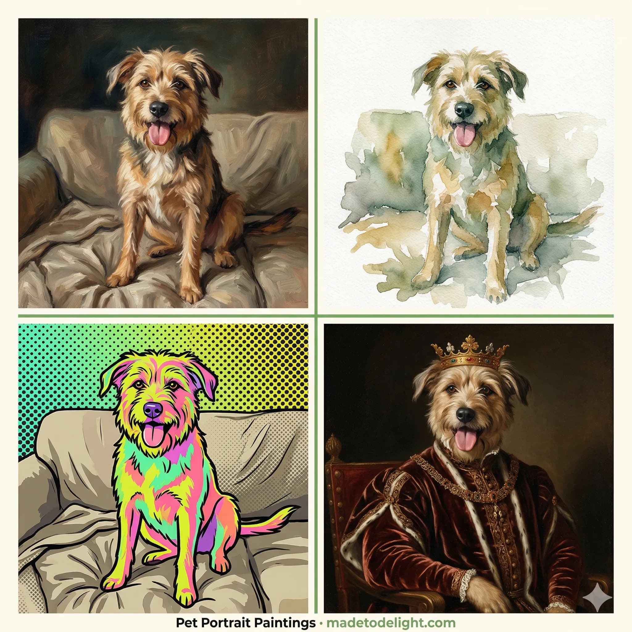 Same dog, four masterpieces. One casual phone photo of a dog transformed into four completely different painting styles, each one frameable and giftable.